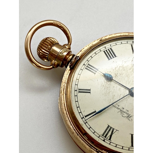 418 - 1920s 9ct Waltham hunter pocket watch, 50mm case, enamel dial with Roman numerals and subsidiary sec... 