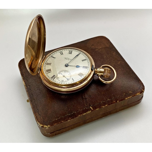 418 - 1920s 9ct Waltham hunter pocket watch, 50mm case, enamel dial with Roman numerals and subsidiary sec... 