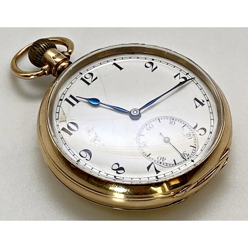 419 - 9ct pocket watch, 48mm case, enamel dial with Arabic numerals and subsidiary second dial, 9ct dust s... 