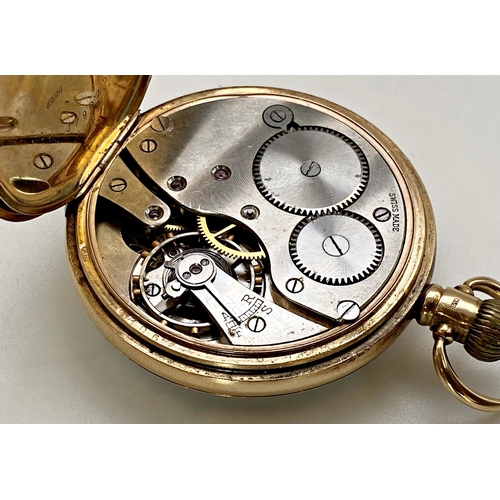 419 - 9ct pocket watch, 48mm case, enamel dial with Arabic numerals and subsidiary second dial, 9ct dust s... 