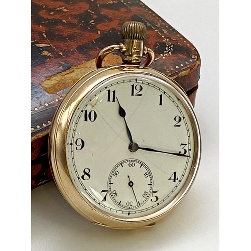 419 - 9ct pocket watch, 48mm case, enamel dial with Arabic numerals and subsidiary second dial, 9ct dust s... 