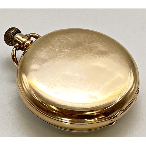 419 - 9ct pocket watch, 48mm case, enamel dial with Arabic numerals and subsidiary second dial, 9ct dust s... 