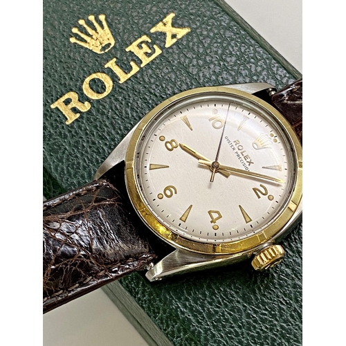 372 - Vintage Rolex Oyster Perpetual stainless steel gents wristwatch, 1956, with 18ct gold bezel, 34mm ca... 