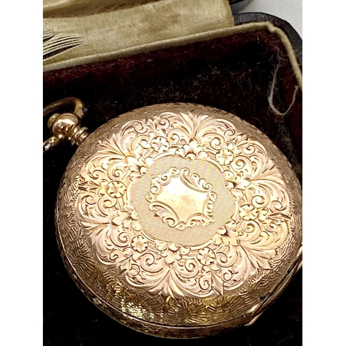 420 - Antique 9ct rose gold fob watch, 35mm case, engraved gilt dial with Roman numerals, 36.1g gross