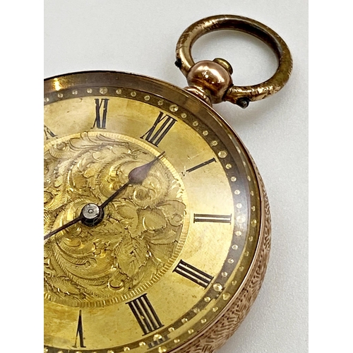 420 - Antique 9ct rose gold fob watch, 35mm case, engraved gilt dial with Roman numerals, 36.1g gross