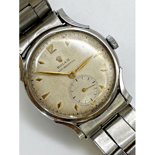 373 - 1930s Rolex Shock Resisting stainless steel gents wristwatch, 34mm case, cream dial with gilts hands... 