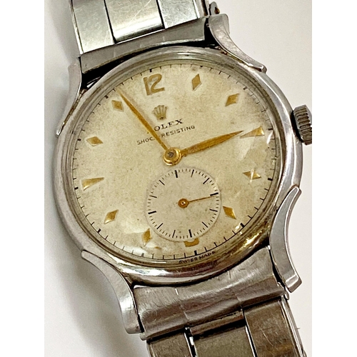 373 - 1930s Rolex Shock Resisting stainless steel gents wristwatch, 34mm case, cream dial with gilts hands... 