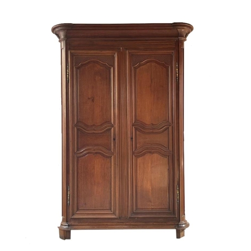 580 - Massive 19th century French fruitwood armoire, moulded cornice over fancy panelled doors enclosing a... 