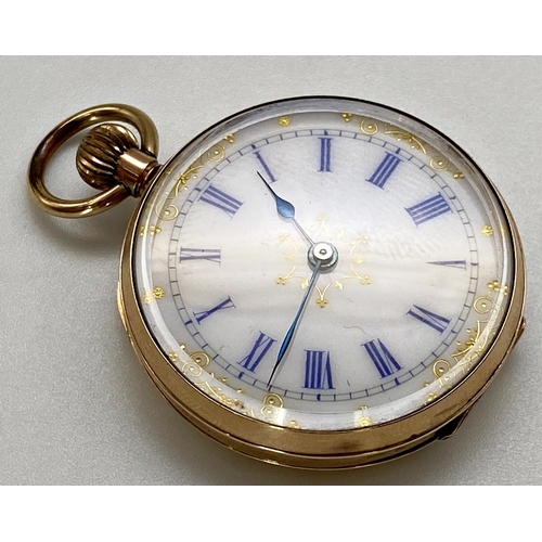 421 - Antique 9ct fob watch, 35mm case, fancy enamel dial, 9ct dust shield, 31.3g gross, box