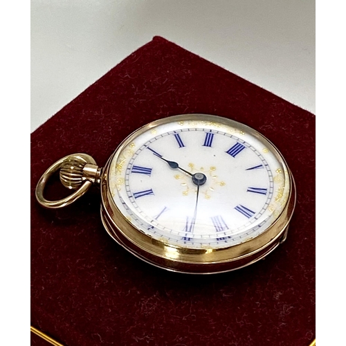 421 - Antique 9ct fob watch, 35mm case, fancy enamel dial, 9ct dust shield, 31.3g gross, box