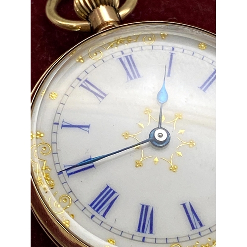 421 - Antique 9ct fob watch, 35mm case, fancy enamel dial, 9ct dust shield, 31.3g gross, box