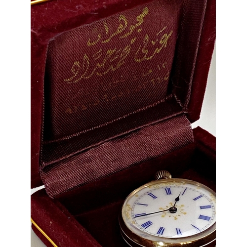 421 - Antique 9ct fob watch, 35mm case, fancy enamel dial, 9ct dust shield, 31.3g gross, box