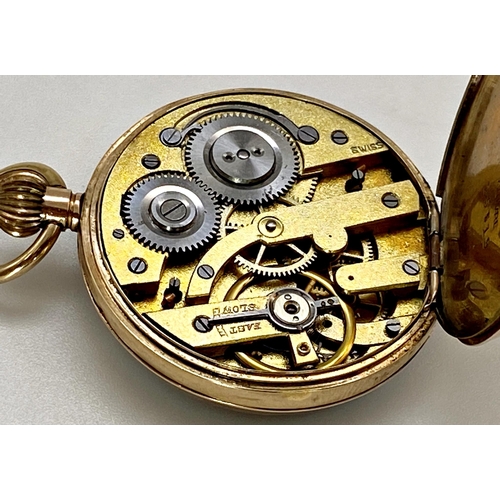 421 - Antique 9ct fob watch, 35mm case, fancy enamel dial, 9ct dust shield, 31.3g gross, box