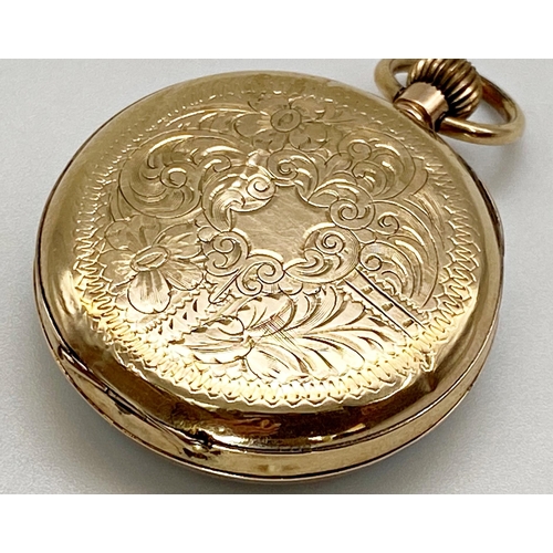 421 - Antique 9ct fob watch, 35mm case, fancy enamel dial, 9ct dust shield, 31.3g gross, box