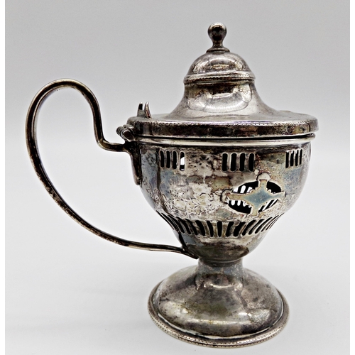 184 - Unusual antique white metal (unmarked and untested) lidded mustard, with pierced sides, 12cm high, 4... 