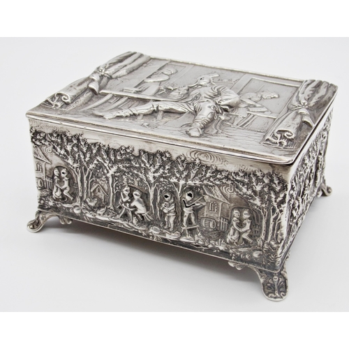 187 - Edwardian silver casket or tobacco box, the lid embossed with an interior tavern scene with exterior... 