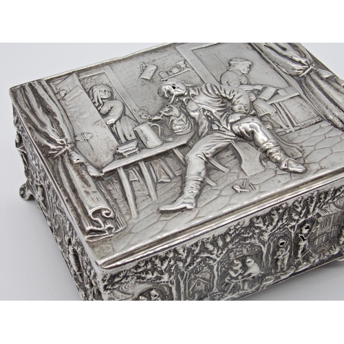 187 - Edwardian silver casket or tobacco box, the lid embossed with an interior tavern scene with exterior... 