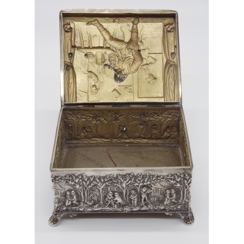 187 - Edwardian silver casket or tobacco box, the lid embossed with an interior tavern scene with exterior... 