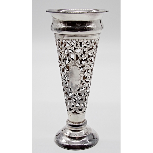 190 - Edwardian silver flared trumpet vase, with pierced scrolled decoration, maker Cornelius Desormeaux S... 