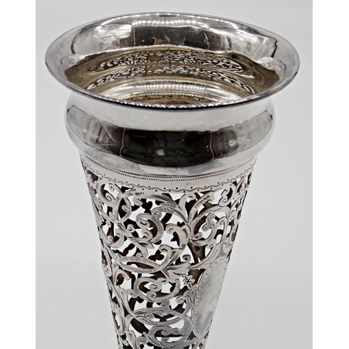 190 - Edwardian silver flared trumpet vase, with pierced scrolled decoration, maker Cornelius Desormeaux S... 