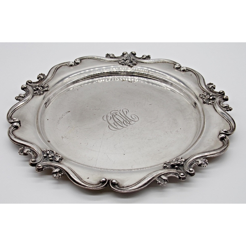 193 - Cast silver salver, with stylised scrolled floral rim, marker ‘Sterling’, 28cm diameter, 12.5oz appr... 