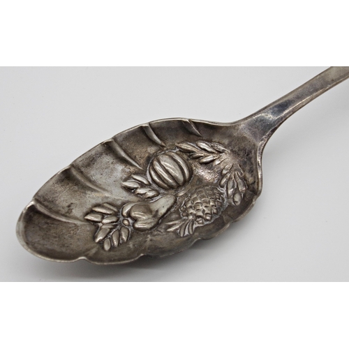 194 - Unusual Georgian silver berry spoon, with embossed bowl and inscribed engraved shield to the handle ... 