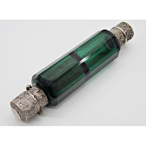 195 - Victorian green glass and silver double ended scent bottle, 13.5cm long