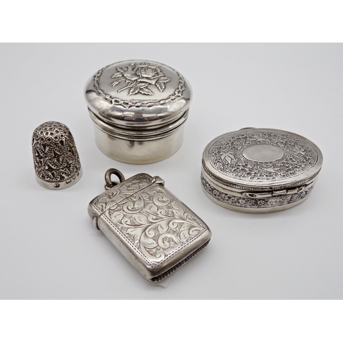 196 - Bijouterie silver - vesta case, thimble, pill box and powder jar, 2oz