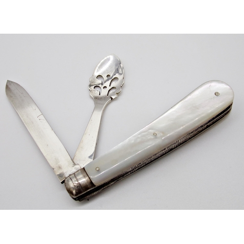 198 - Edwardian silver and mother of pearl folding fruit knife and 'Patent Orange Peeler' with reg no, mak... 