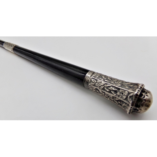 202 - Edwardian silver and ebony conductors baton, maker AJC, London 1904, 43.5cm long