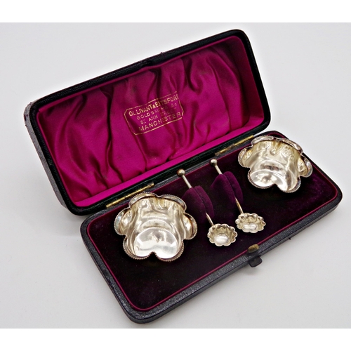 206 - Pretty Victorian cased pair of lobed silver salts and spoons, maker Horace Woodward & Co ltd, London... 