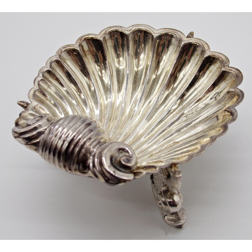 208 - Good quality cased set of four novelty scallop shell salts and spoons, the salts with cast scrolled ... 