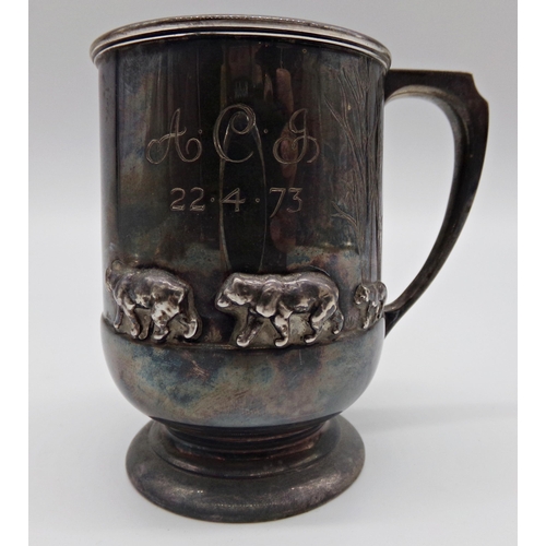 222 - 1960s novelty silver Christening cup, decorated in relief with three bears, maker Elkington & Co, Sh... 