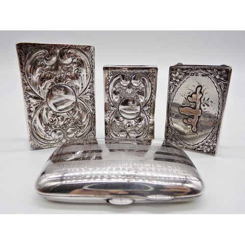 233 - Graduated pair of antique silver match box holders, with a further example with applied gilt bird an... 