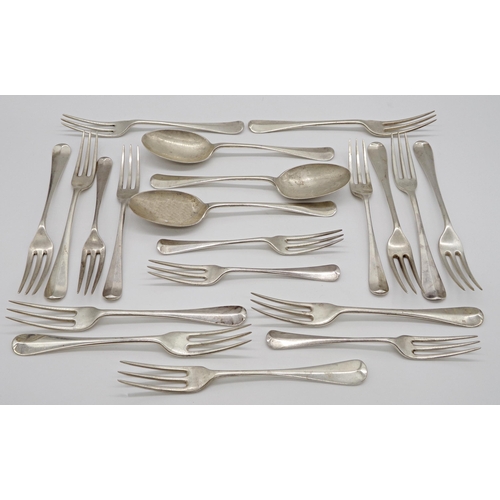 236 - Set of eleven silver Hanoverian three pronged table forks and six dessert forks, various markers, wi... 