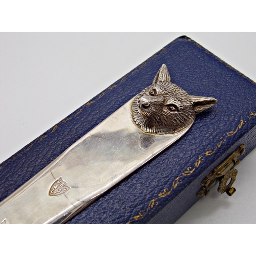 249 - Novelty cased cast silver fox head letter opener, maker JBC & S, Birmingham 1979, 2oz approx