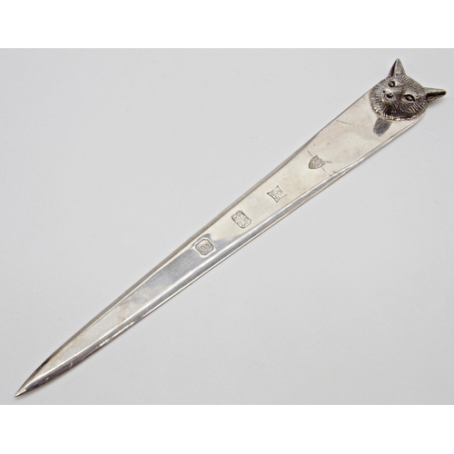 249 - Novelty cased cast silver fox head letter opener, maker JBC & S, Birmingham 1979, 2oz approx