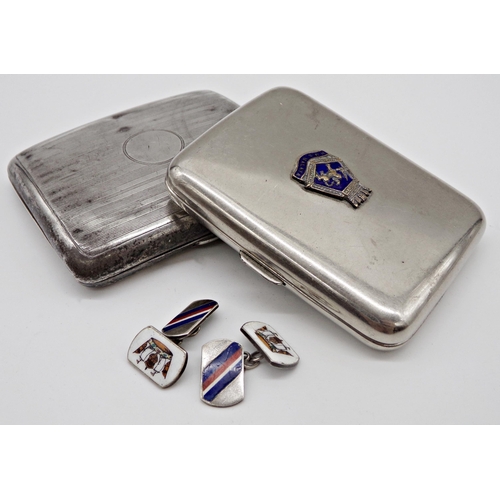 253 - Mixed silver - cigarette case, pair cufflinks, salt, napkin ring, vesta case 6oz approx, further sil... 