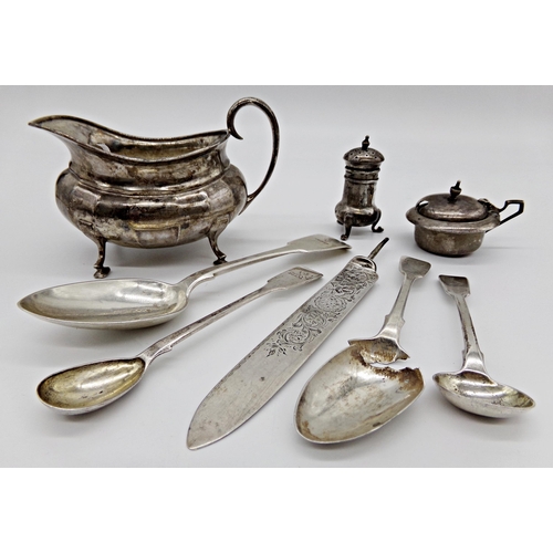 254 - Mixed silver - milk jug, pepper, lidded pot, knife blade and four spoons (af), 12.5oz approx