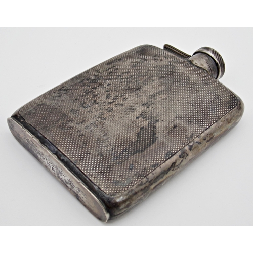 257 - George V engine turned silver hip flask, maker Wilson & Gill, Birmingham 1916, 11.5cm long, 4.5oz ap... 