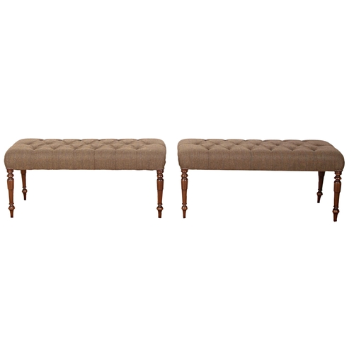 585 - Pair of William IV long footstools, with recently upholstered buttoned tweed, 120cm long