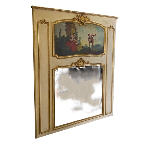 588 - 19th century French Trumeau mirror, hand painted with a romantic scene, with further painted gilt hi... 