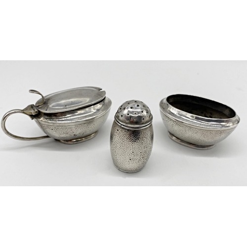 248 - Chinese 90 silver three piece cruet, with brush textured finish, maker WK, 3oz approx