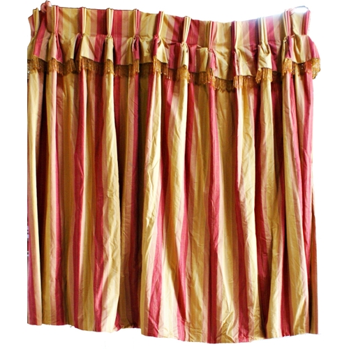 502 - Pair of good quality country house lined curtains, with candy stripe pink yellow and red, beaded tas... 