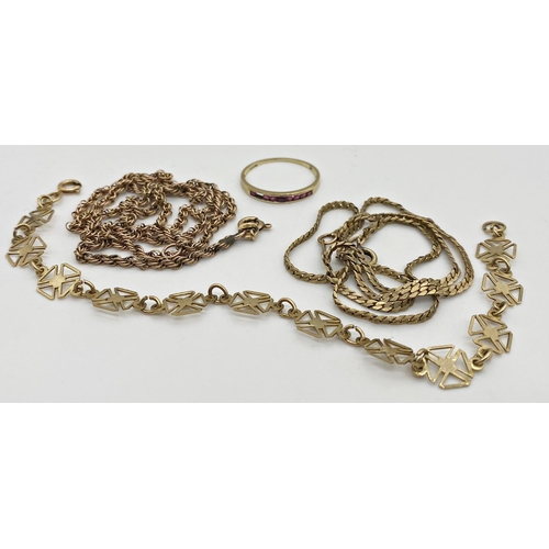 310 - Four 9ct gold items consisting of a snake link chain, a rope twist chain, a stylised link bracelet a... 