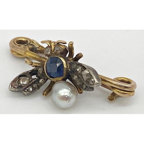 312 - A yellow metal brooch in the form of a crescent set with graduated seed pearls together with a bar b... 