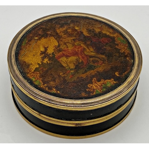 170 - Antique tortoiseshell circular lidded box, the top lacquered with a romantic scene, 9.5cm diameter