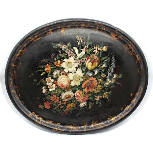 172 - Good quality hand painted Victorian papier-mâché oval tray, centrally painted with a bouquet of flow... 