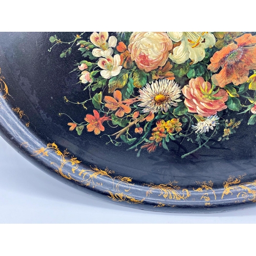 172 - Good quality hand painted Victorian papier-mâché oval tray, centrally painted with a bouquet of flow... 