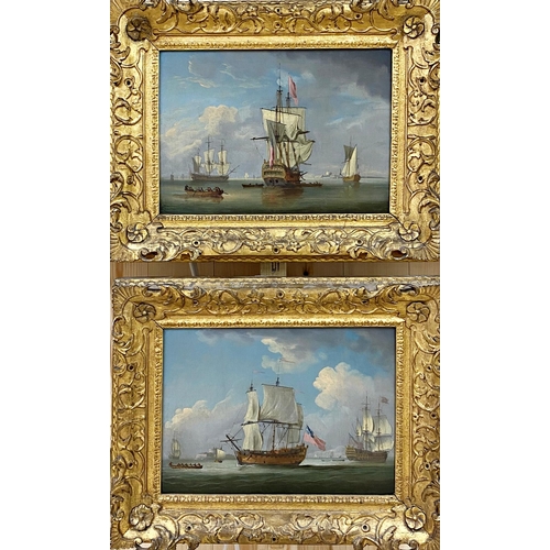 633 - Peter Monamy (1681-1749) - Pair of marine studies with warships and rowing boats, signed, oil on can... 